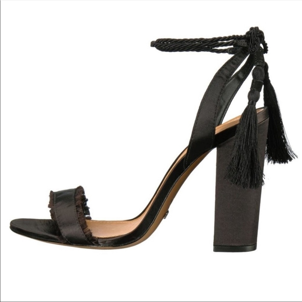 Super Sexy Schutz Tassel tie around black heels